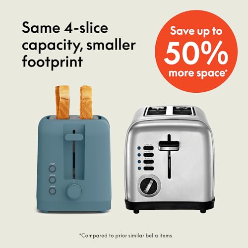 bella 2 Slice Slim Toaster, Fits-anywhere™ Kitchenware, 6 Setting Shade Control with Reheat & Cancel Buttons, Removable Crumb Tray, 10” Long Slot, Anti Jam & Auto Shutoff, 900 Watt, Oatmilk
