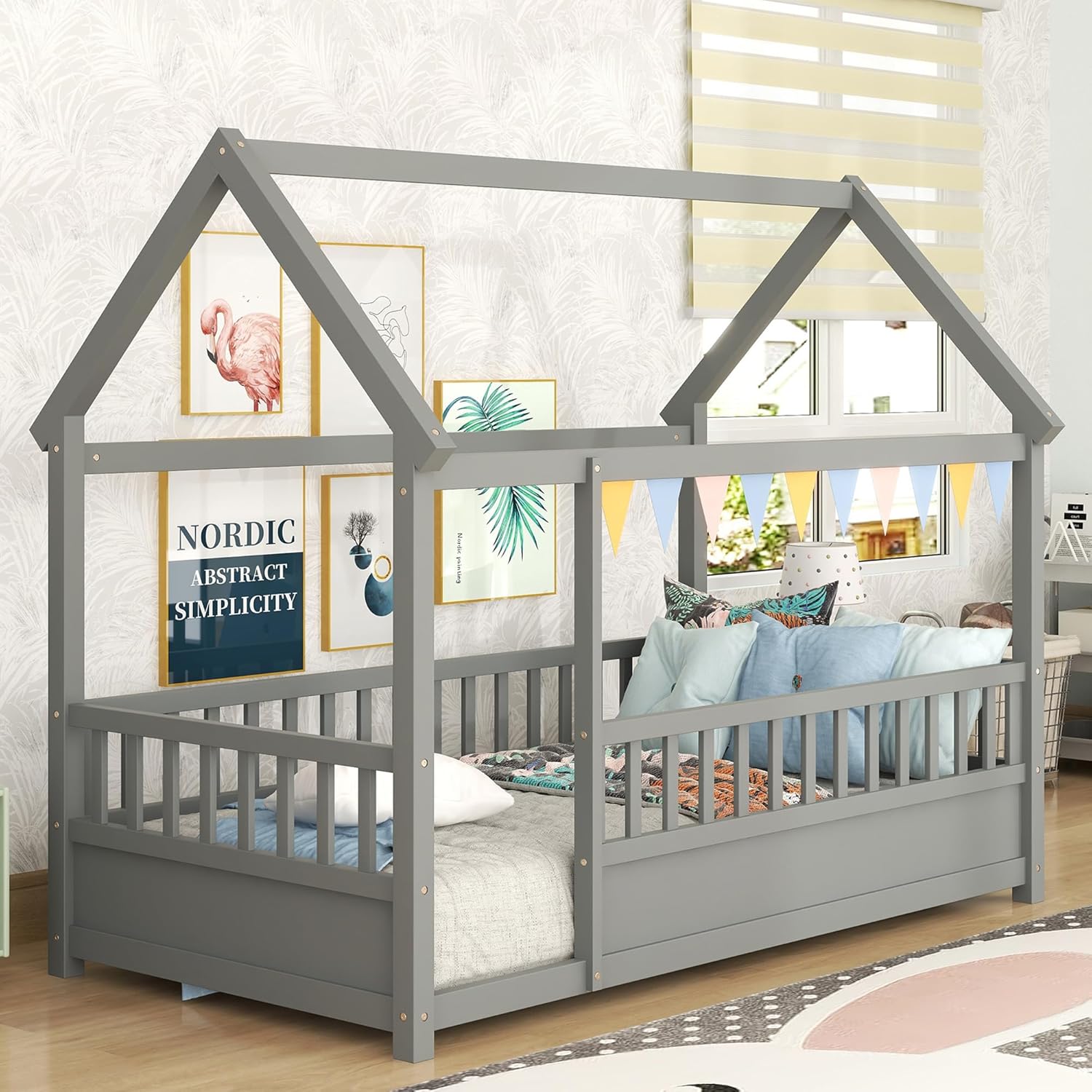 House Floor Bed Twin Size, Twin Montessori Floor Bed with High Fence, Twin Size House Bed for Kids, Girls, Boys(Twin Gray)