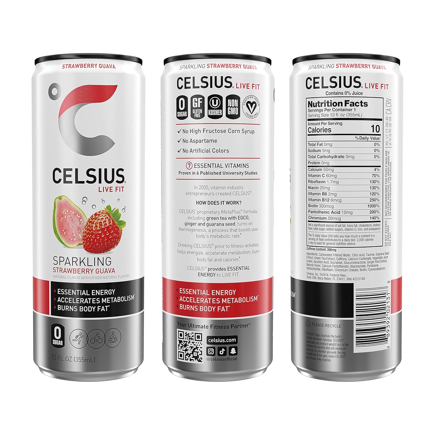 CELSIUS Sparkling Strawberry Guava, Functional Essential Energy Drink, 12 Fl Oz (Pack of 24)