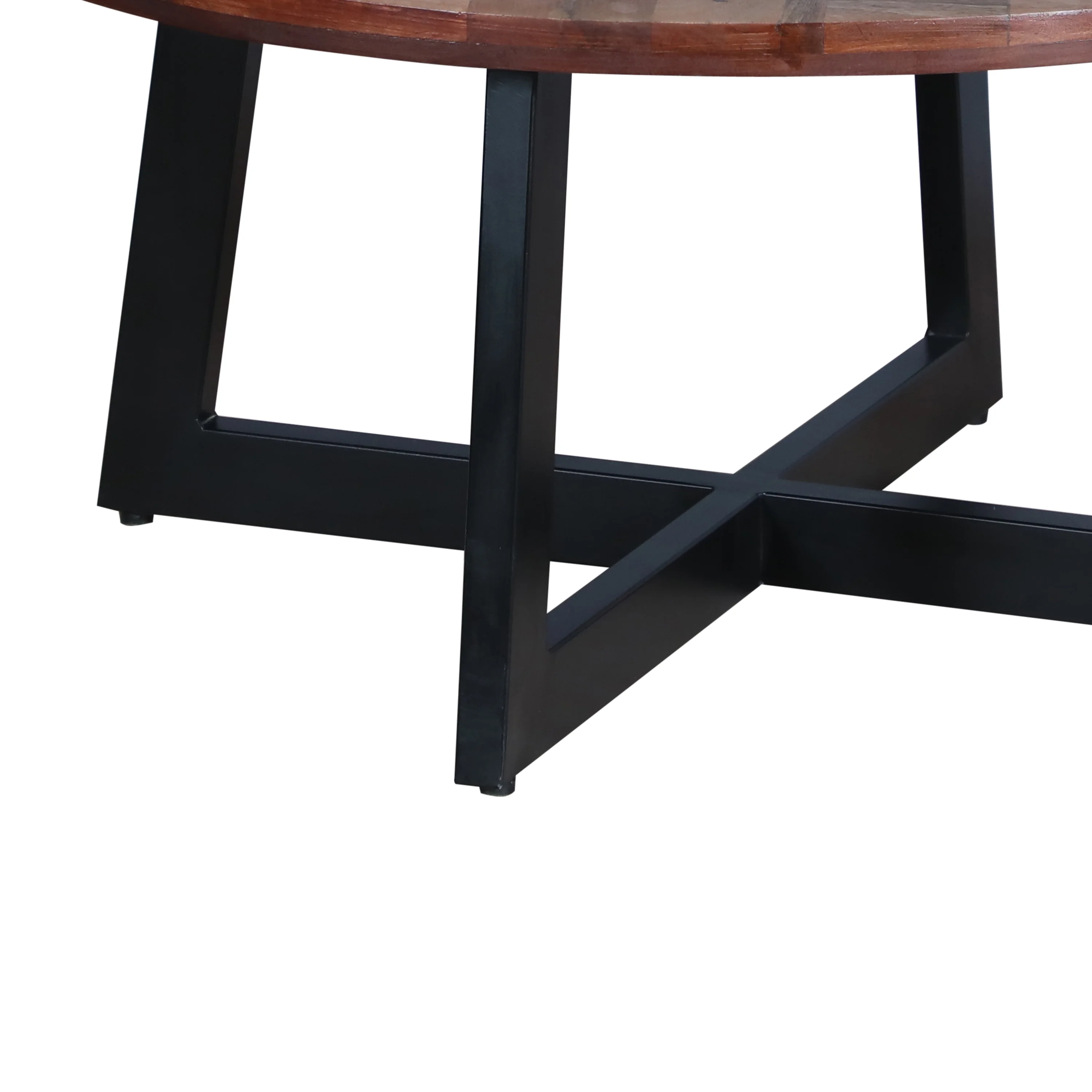 31 Inch Round Mango Wood Farmhouse Coffee Table, X Shape Iron Frame, Brown, Black