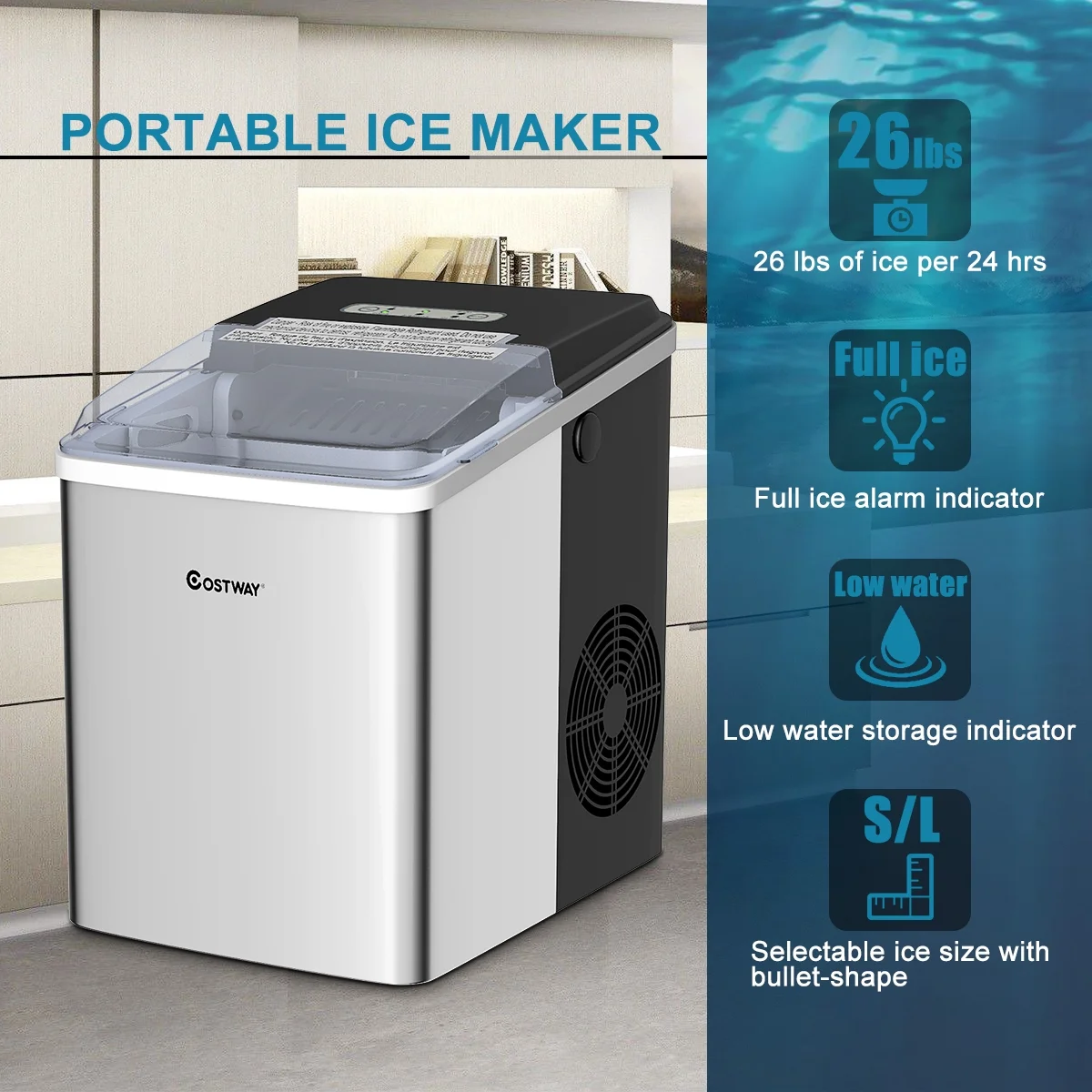 Costway Stainless Steel Ice Maker Countertop 26Lbs/24H Self-Clean Function W/Scoop New
