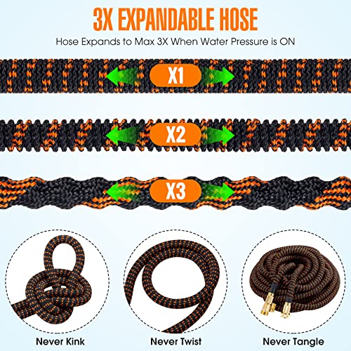 50 ft Expandable Garden Hose - Upgraded Flexible Water Hose 50ft with 10 Pattern Spray Nozzle, 3/4 Solid Brass Connectors, Retractable Latex Core - Lightweight Expanding Hose