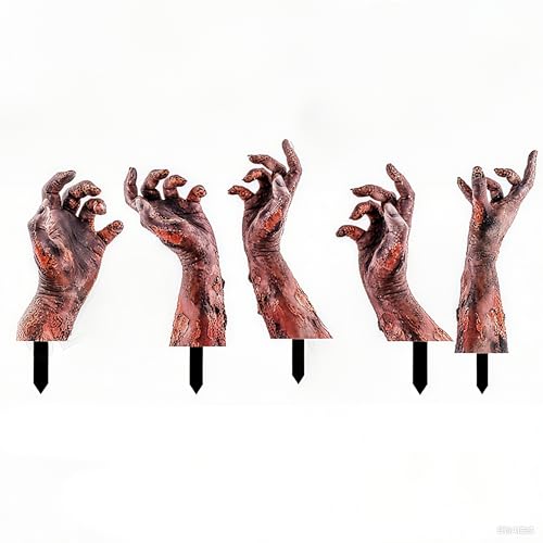5 Pack Halloween Zombie Arm Yard Stakes with Bloodstains, Realistic Fake Hands for Outdoor Decoration, Scary Groundbreaker Garden Decorations
