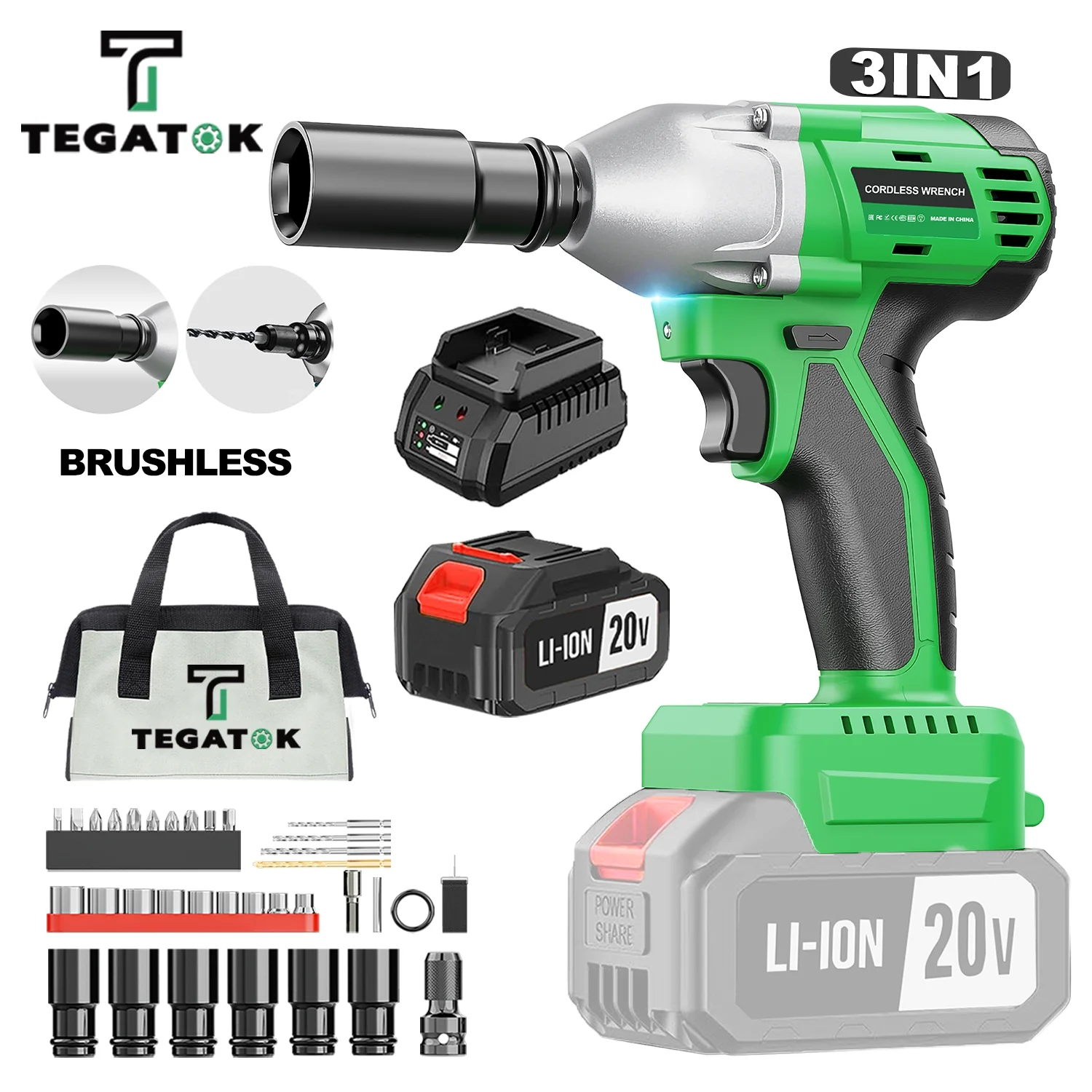 Tegatok Cordless Impact Wrench, Power Impact Gun 1/2 (430N.m), 2400 RPM Brushless Impact Driver with 4000 mAH Battery, Fast Charger, 6 Sockets & Tool Bag, 3-in-1 Electric Impact Wrench for Car Home