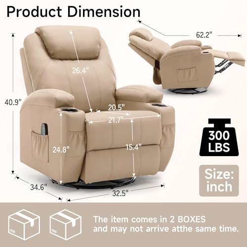 Recliner Chair, Rocking Chair with Massage and Heat, 360° Swivel Recliner Chairs for Adults, Rocker Manual Recliner with Remote Control and Cup Holder for Living Room, Bedroom, Nursery