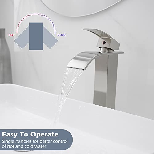 BWE Vessel Sink Faucet Modern Waterfall Chrome Single Hole Bathroom Faucet Single Handle with Pop up Drain Without Overflow Assembly Vanity Basin Bath Sink Faucets Mixer Tap