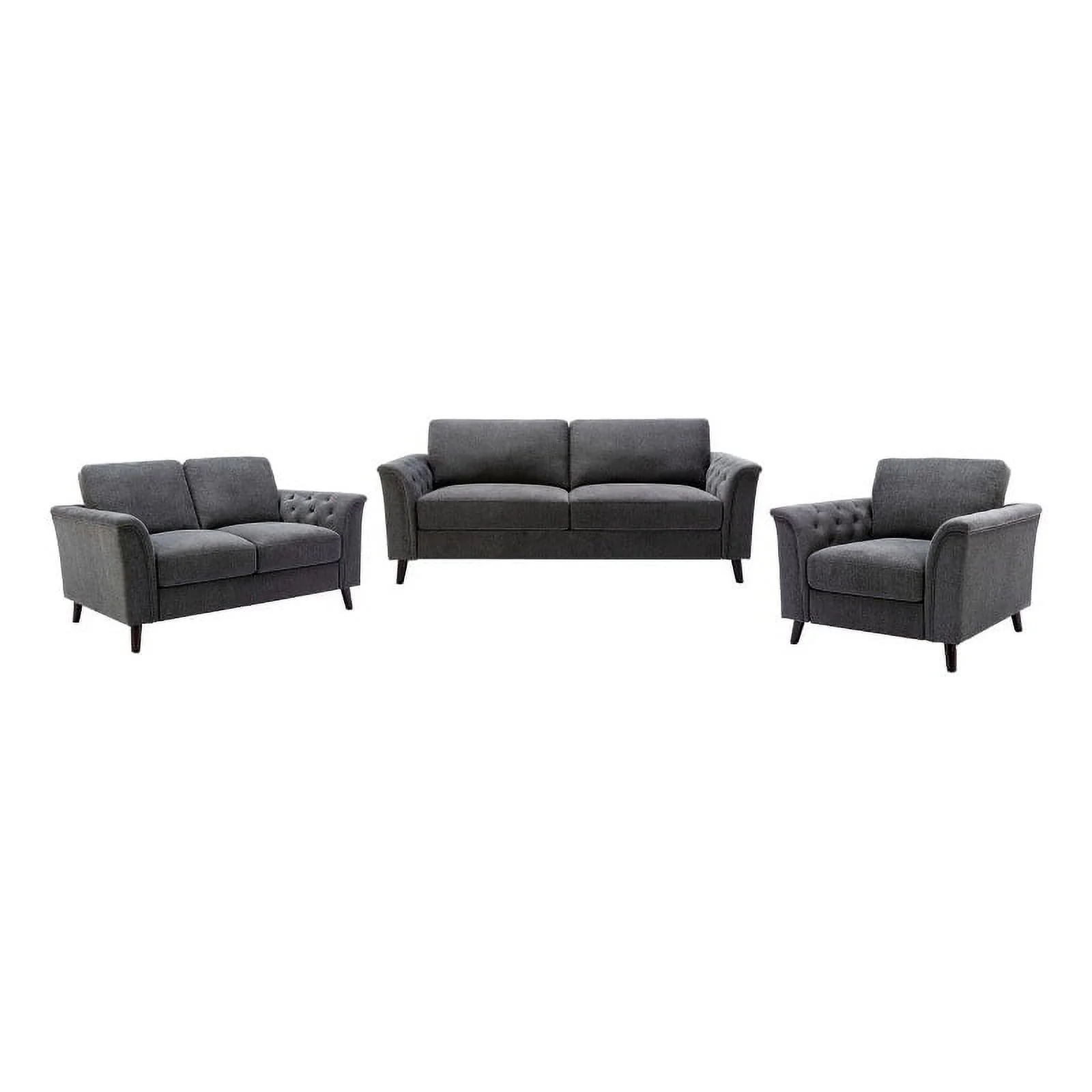 Pemberly Row 3-Piece Linen Fabric Sofa Set with Tufted Arms in Dark Gray