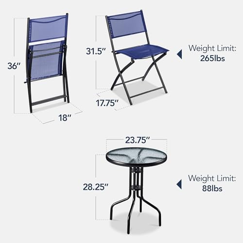 Best Choice Products 3-Piece Patio Bistro Dining Furniture Set w/Glass Tabletop, 2 Folding Chairs, Steel Frame, Polyester Fabric - Gray