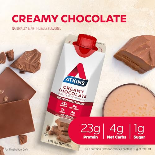 Atkins Creamy Chocolate Meal Size Protein Shake, 23g Protein, Low Glycemic, 4g Net Carb, 1g Sugar, Keto Friendly, 12 Count