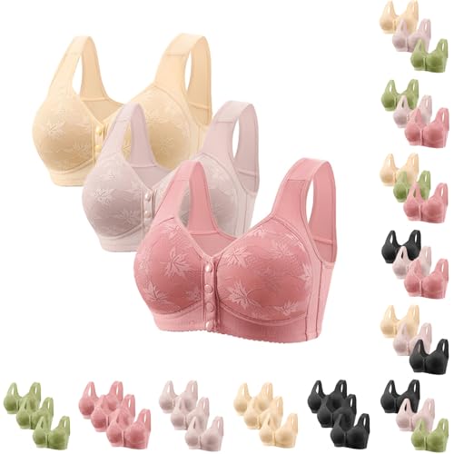 3 Pack Daisy Bras for Older Women 2024 Plus Size Casual Front Closure High Support Bra No Underwire Everyday Bras