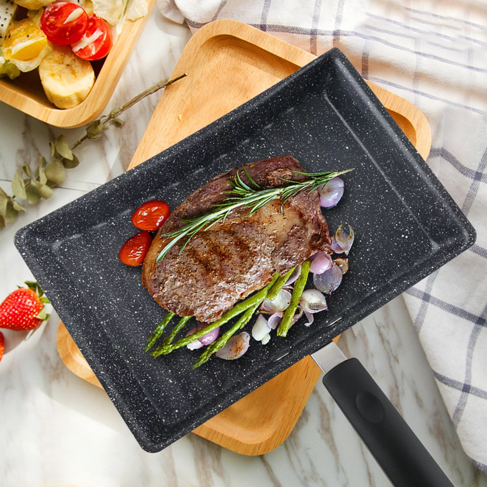 Frying Pan, with Handle Rectangle Bottom Japanese Omelette Fry Roll Steak Breakfast Cooking