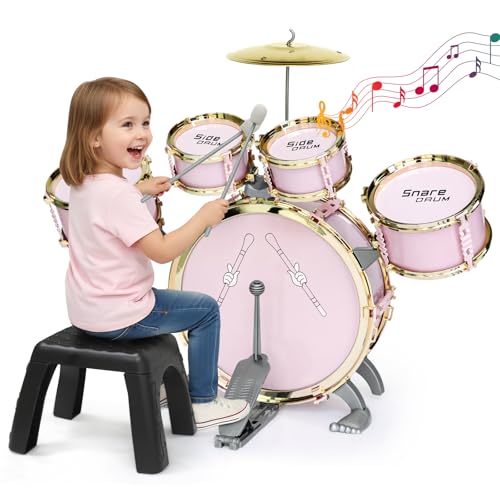 Toddler Drum Set for Kids - 5-Piece Kids Drum Set with Stool, Pedal & Drumsticks, Musical Toy Drum Kit for Boys & Girls Ages 2-6, Educational Baby Drum Set Gift for Toddlers