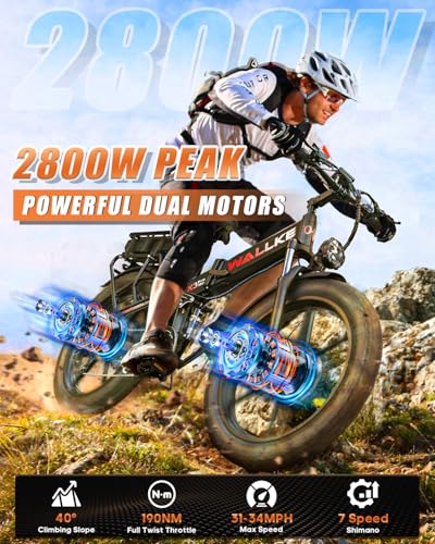 W Wallke Actual 2800W Dual Motor Folding Mountain Electric Bike, 48V 44Ah Battery 170 Mile,26