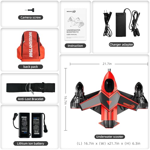 F2 Underwater Scooter, Sea Scooter Dual Motors with Action Camera Mount and Selfie Stick mountfor Kids/Adults, Water Scooter 30M Waterproof for Scuba Snorkeling Pool Sea Adventures (Red)