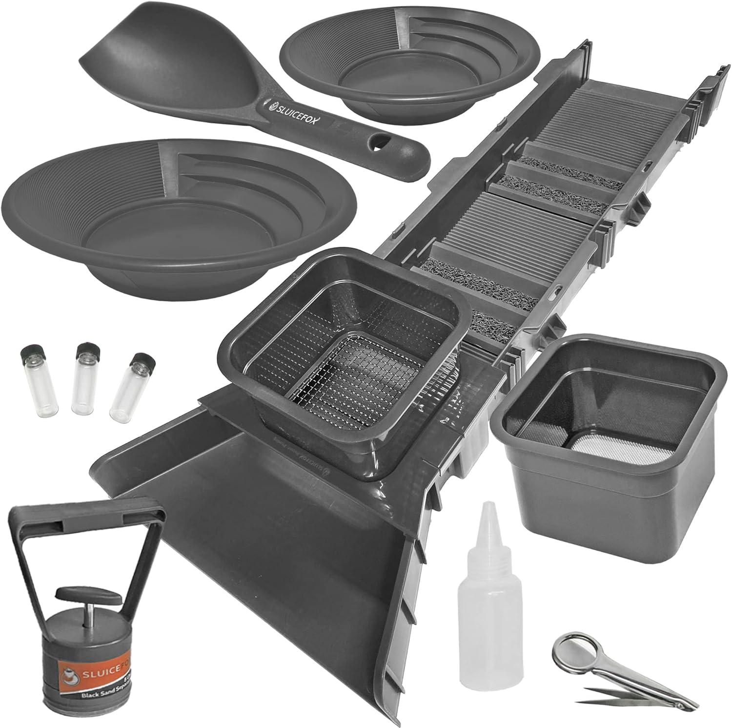 31 inch Sluice Box Compact Gold Panning Kit; Portable Sluice Box and 2 Classifier sifting Pans; classify While You Sluice with This Patented Prospecting Tool Set (Black)