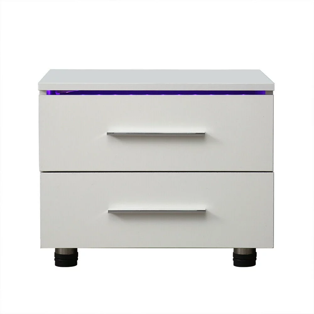 Modern High Gloss Nightstand 2 Drawers Bedside End Table Bedroom w/RGB LED Light