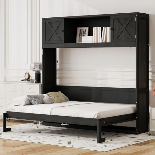 SOFTSEA Full Horizontal Murphy Bed with Shelves, Farmhouse Murphy Wall Bed with Storage Bookcase for Small Spaces, Living Room, Guest Room, Bedroom, Home Office, Black