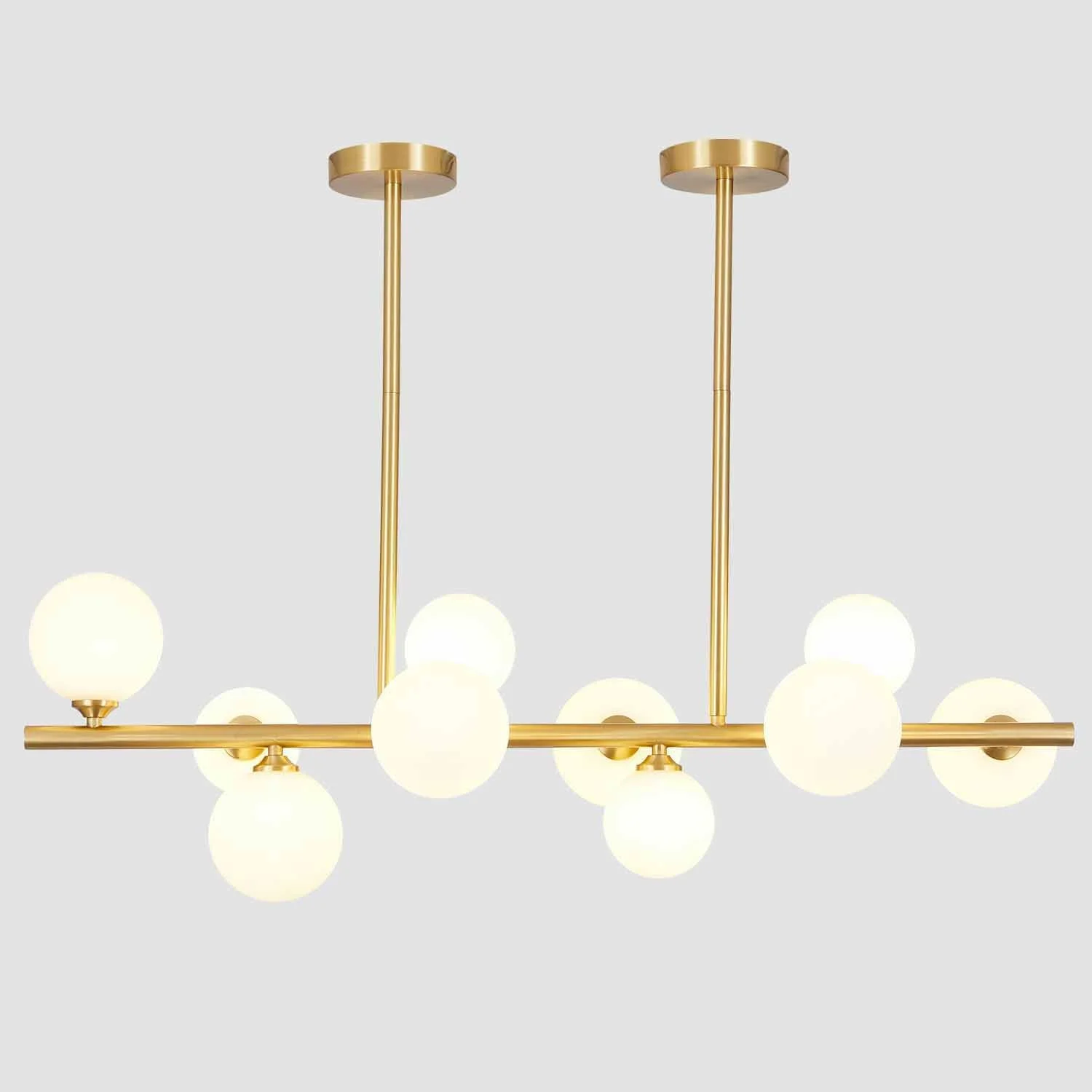WANHUI Modern Gold Globe Sputnik Chandelier Mid Century Brass Linear Chandelier 10-Lights Frosted White Glass Ball Pendant Light Ceiling Lamp Dining Light Fixture Over Table