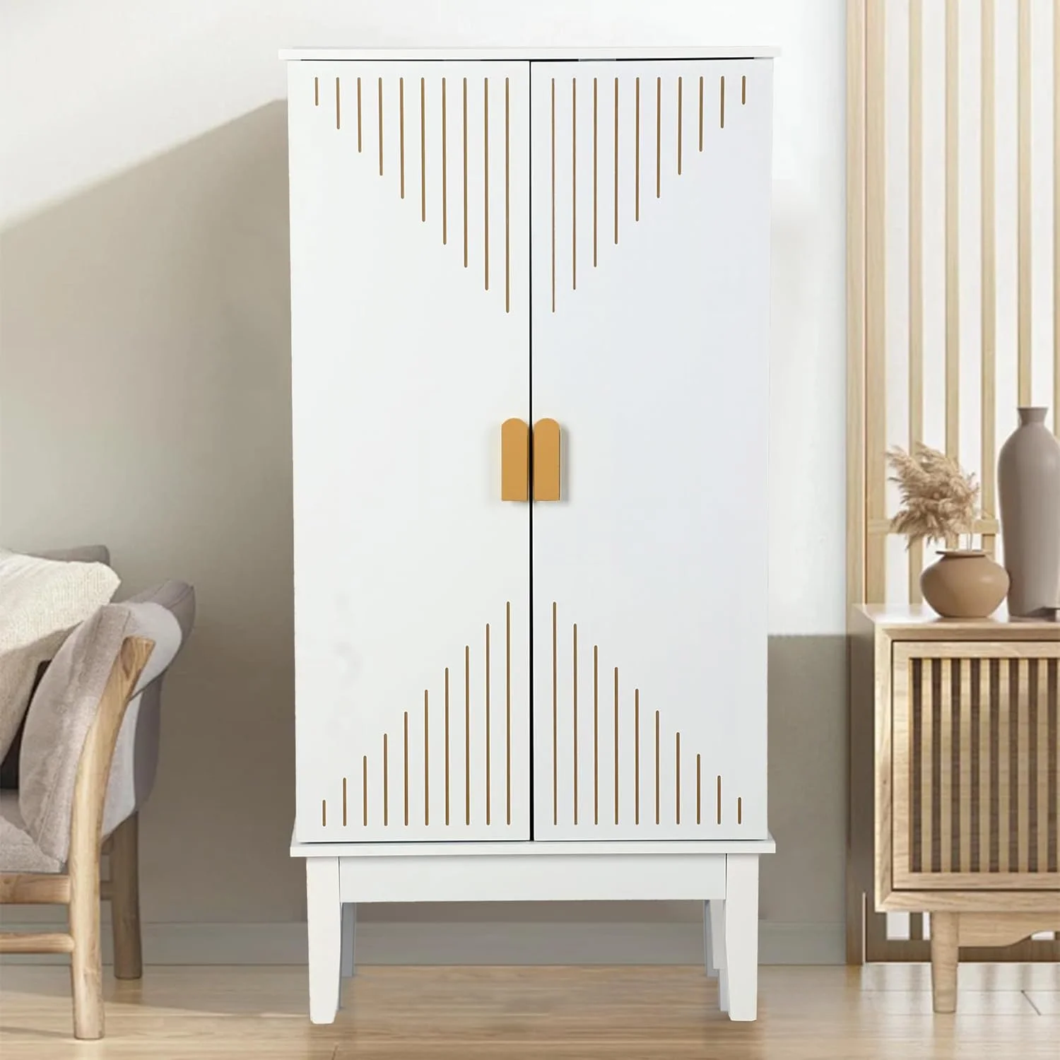 47.2” Kitchen Pantry Cabinet, White Storage Cabinet with Adjustable Shelves, Racks & Gold Handle, Freestanding Kitchen  Cupboard,  Sideboard for Living or Dining Room