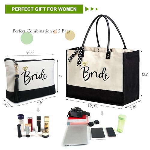 BeeGreen Mother's Day Gifts Personalized Women's Large White and Black Canvas Tote Bag, Embroidered Initials, Leather Handle, Zipper Closure