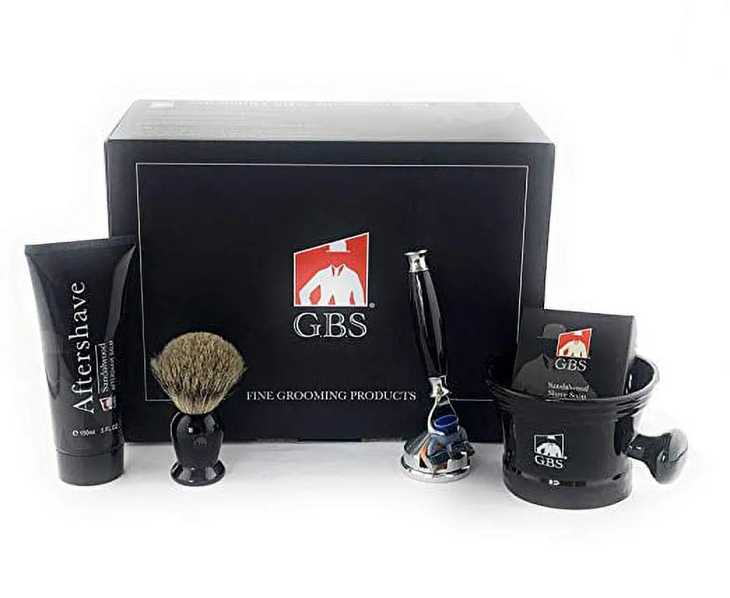 G.B.S Men’s Shaving Set- 5 Blade Razor, Ceramic Black Shaving Mug,  Shaving Brush, Sandalwood Aftershave, 97% All-Natural Shaving Soap & Razor Cone Stand for Men’s -Boxed (Black)