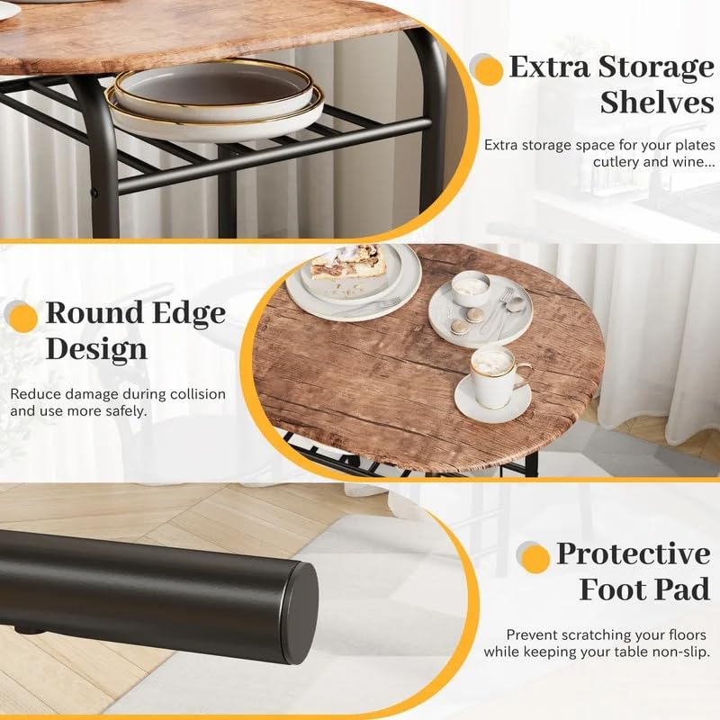 Shahoo 3-Piece Wooden Dining Table Set, Kitchen Breakfast Nook Sets with 2 Chairs & Round Tabletop, Space Saving Furniture Metal Frame and Built-in Wine Rack, Walnut