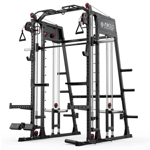 Mikolo Smith Machine, 2200lbs Squat Rack with LAT-Pull Down System & Cable Crossover Machine, Training Equipment with Leg Hold-Down Attachment