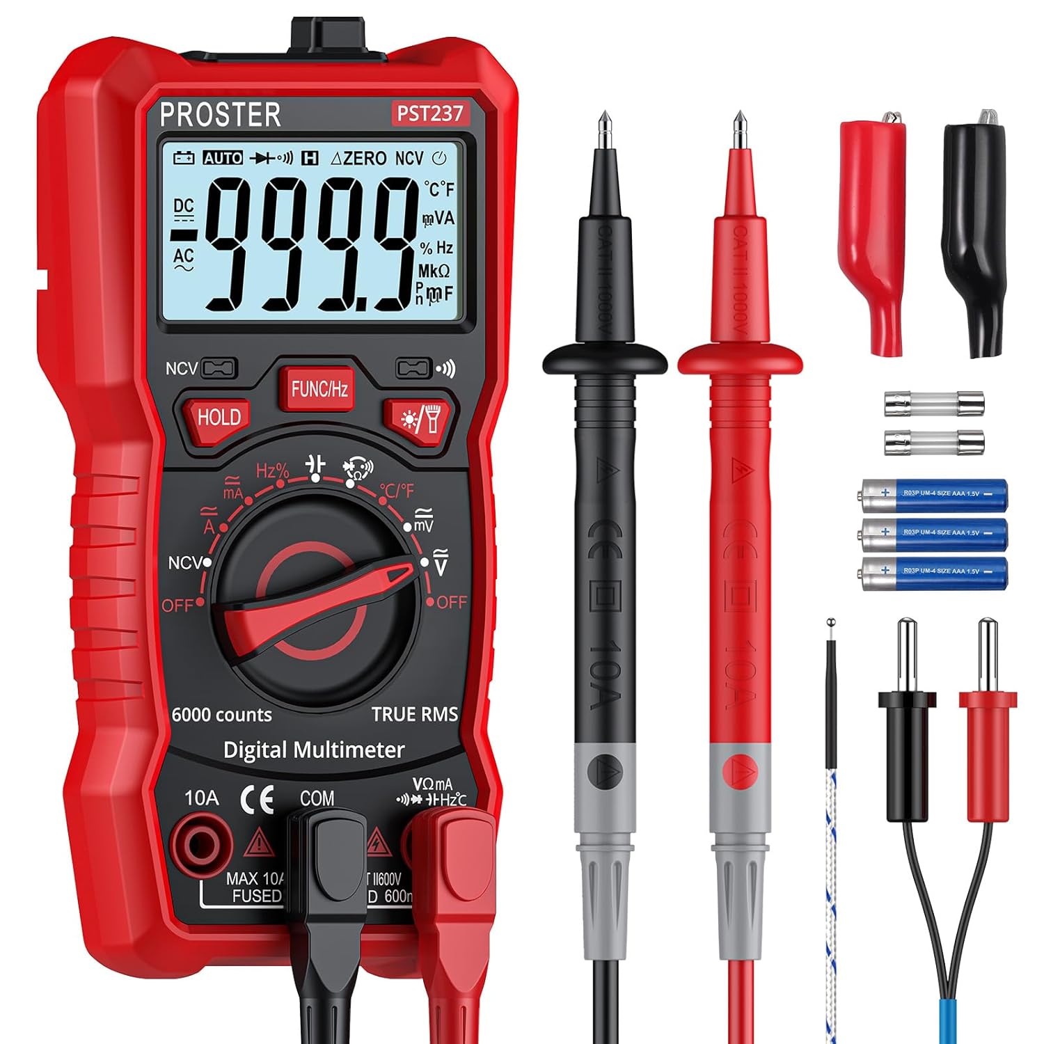 Proster Digital Multimeter 6000 Counts TRMS Auto Range NCV Detector DC AC Voltage Current Meter Temperature Capacitance Resistance Diode Continuity Tester