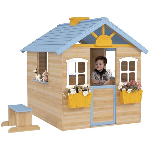 Outsunny Wooden Playhouse for Kids Outdoor Garden Pretend Play Games, Adventures Cottage, with Working Door, Windows, Bench, Service Station, Flowers Pot Holder, for 3-7 Years Old
