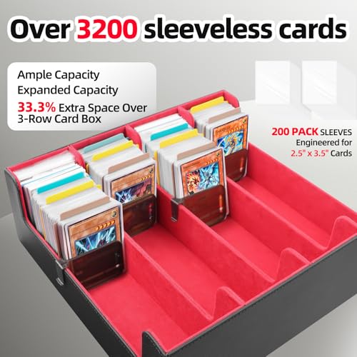 4 Rows Trading Card Storage Box 3200+ Card Organizer Deck Case with 200 Sleeves & 24 Dividers Fits for MTG TCG Magic Baseball Football Basketball Sports Cards (Black & Blue)
