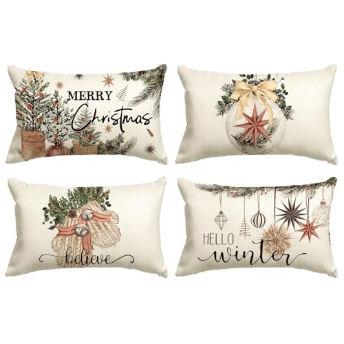 AVOIN colorlife Merry Christmas Balls Eucalyptus Holly Berries Gloves Throw Pillow Covers, 18 x 18 Inch Xmas Winter Holiday Red Stripes Cushion Case Decoration for Sofa Couch Set of 4