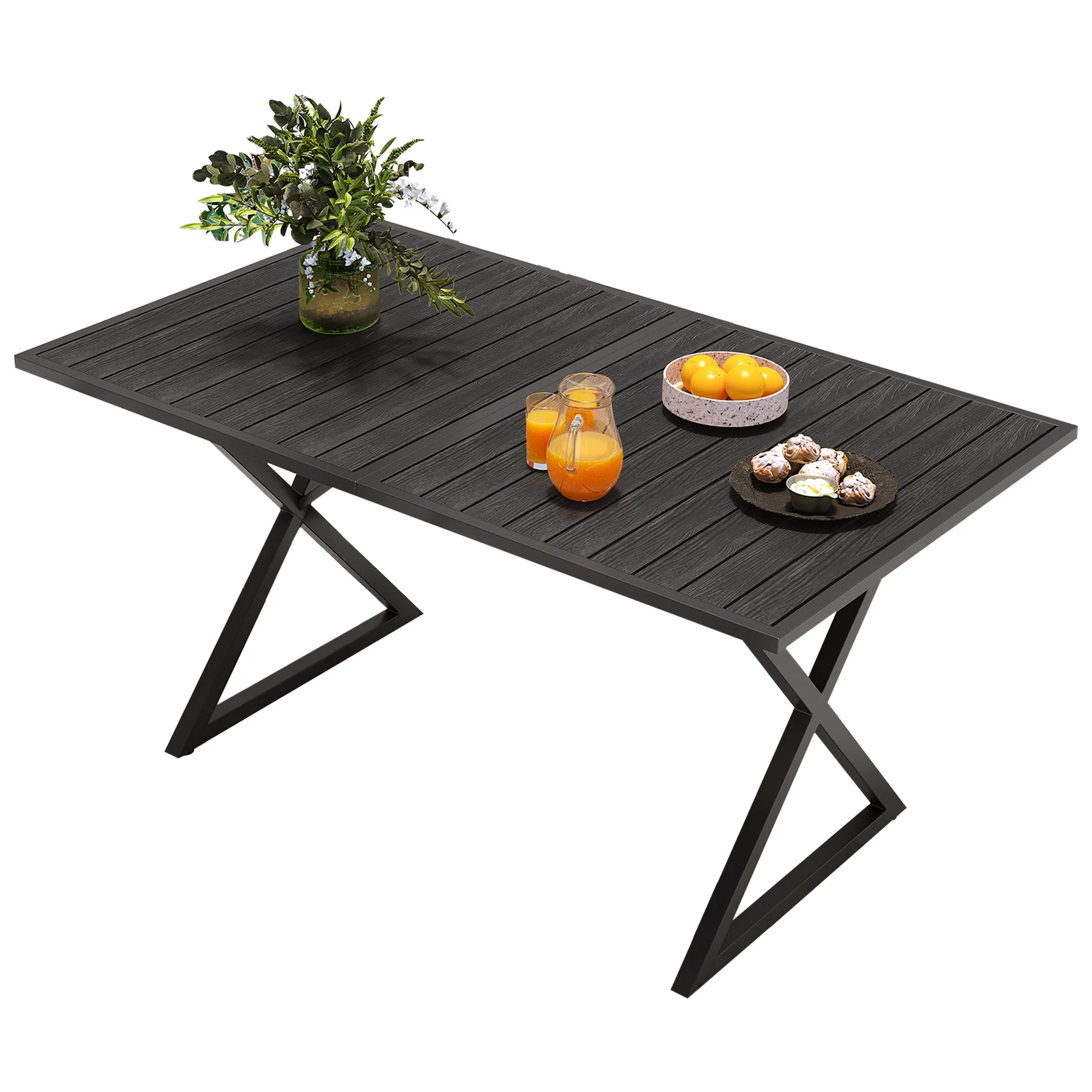 DWVO 59in Outdoor Patio Dining Table for 6-8, Metal Frame and Faux Wood Tabletop - Black