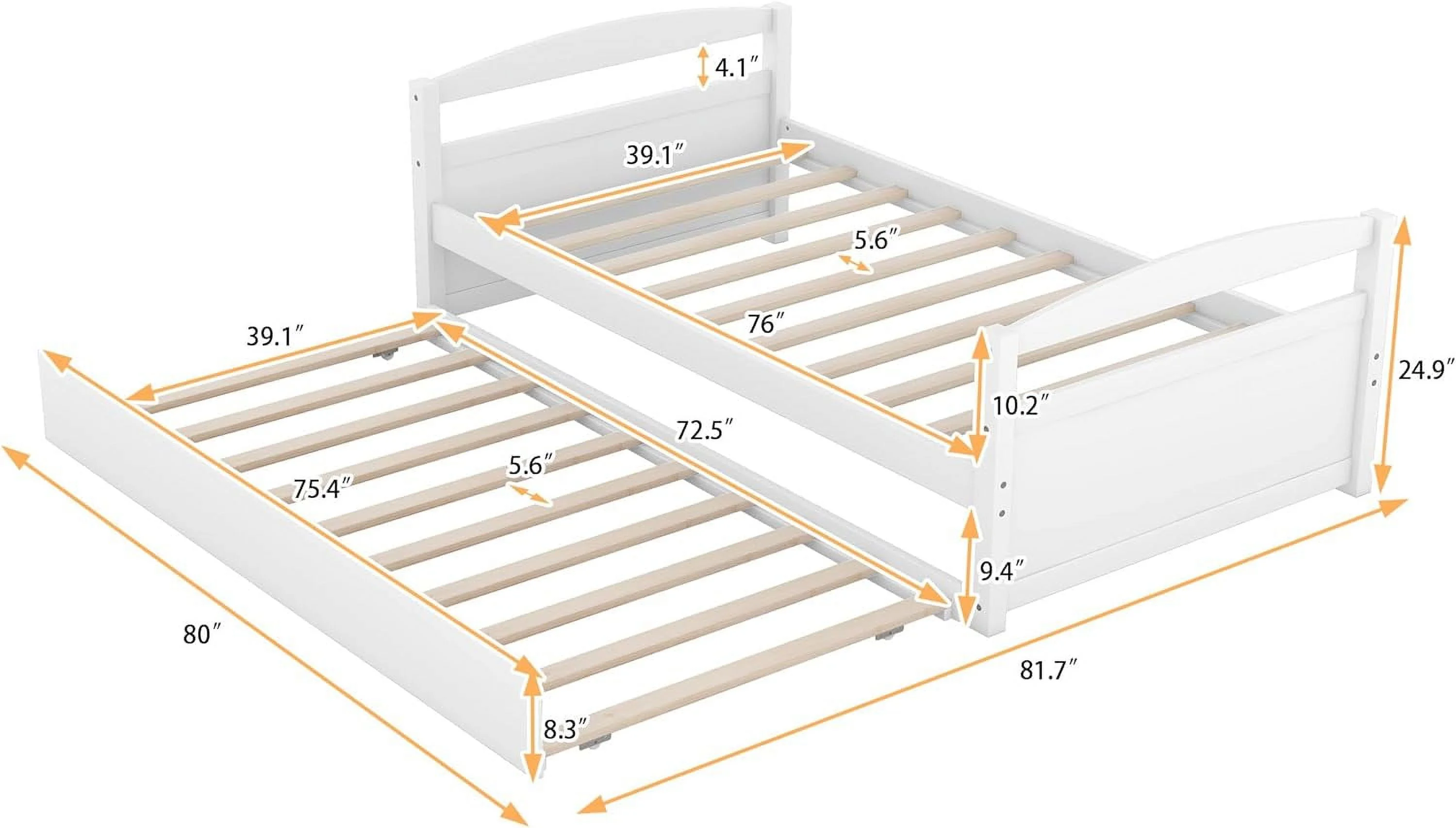 Size Daybed With Trundle, Wood Platform Bed Frame, Slats Support, White