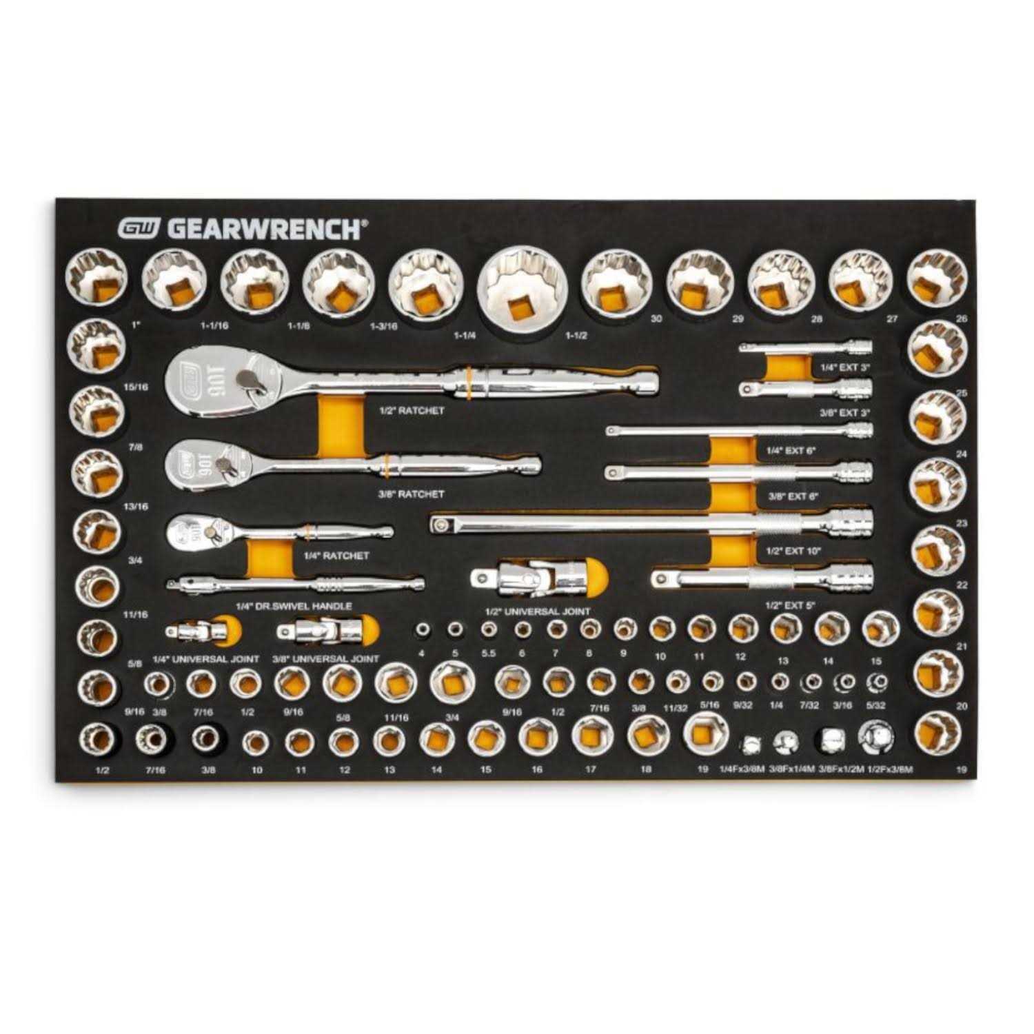 GEARWRENCH 83 Pc. 1/4 3/8 1/2 90-Tooth SAE/Metric Mechanics Tool Set with EVA Foam Tray 86529