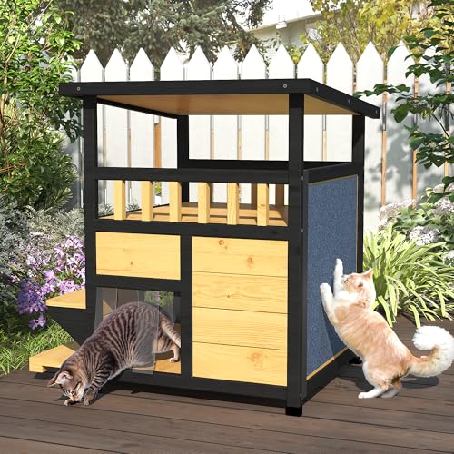 Outdoor Cat House Weatherproof - Outside Two Story Feral Cat Shelter with Escape Door, Wood Dog Condo for Small/Medium Pets, Pull-Out Bottom & Scratching Mat Included - Black and Earthy Yellow