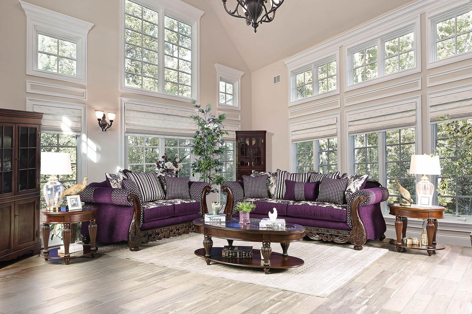 Transitional Purple & Silver Chenille Sofa and Loveseat FOA Emilia