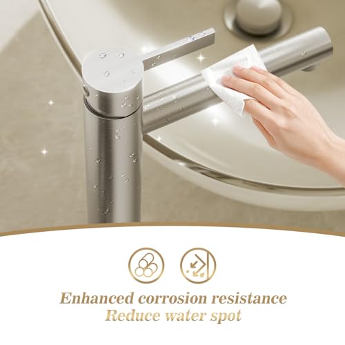 Phiestina Brushed Gold One Hole High Bathroom Vessel Sink Faucet, Single Hole Single Handle Tall Bathroom Faucet, with Pop Up Drain and Water Supply Line,FH01-BG-V