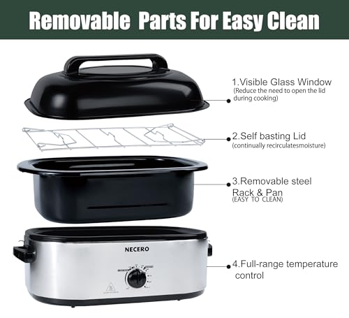 Roaster Oven,22Qt ElectricRoasterOven with Visible Glass Lid, ElectricTurkeyRoaster Oven with Removable Pan &Rack,150-450°F Full-Range TemperatureControlFits Turkeys Up to 26LBS