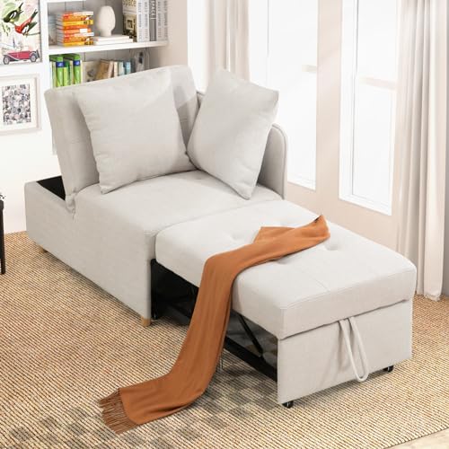 3-in-1 Sleeper Sofa Chair Bed,3-Seat Linen Fabric Loveseat Sofa,Convertible Sofa Bed with 2 Throw Pillows for Living Room,Apartment Small Space (Beige)