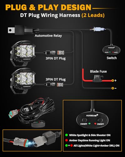 Auxbeam V-MAX Series 72W LED Pod Driving Lights, 4x2.5 Inch Rectangle Side Shooter Offroad Cube Spotlights with Amber DRL, 270° Combo Beam 6 Modes White/Amber/Yellow Auxiliary Lights with Covers