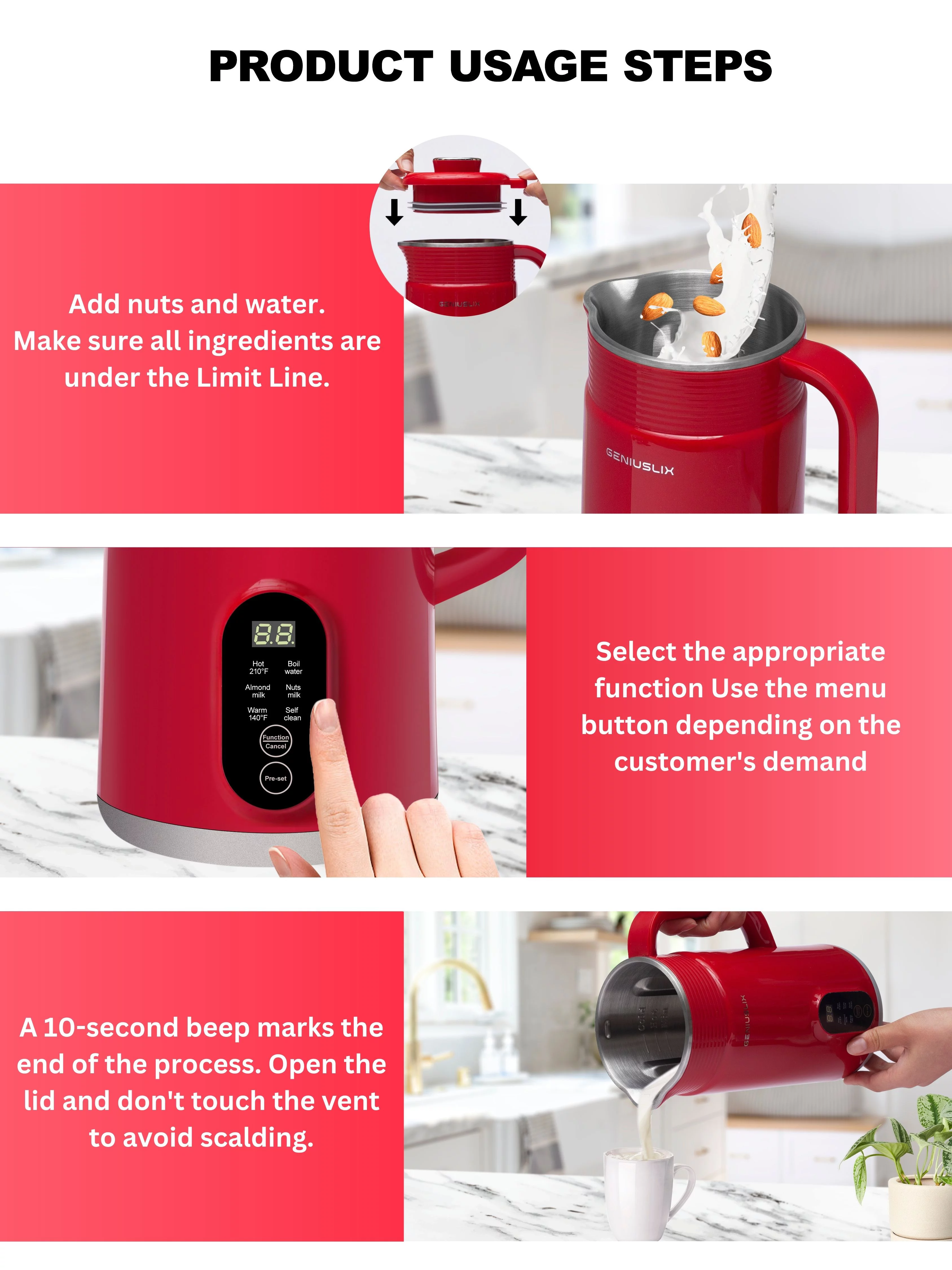 Geniuslix Automatic Vegan Nut Milk Maker Machine - Auto Clean & Temperature Control Plant Based Blender - Stainless Steel, Non-Dairy Beverages - Oat/Coconut/Soy/Cashew/Almond Milk Machine with Recipe