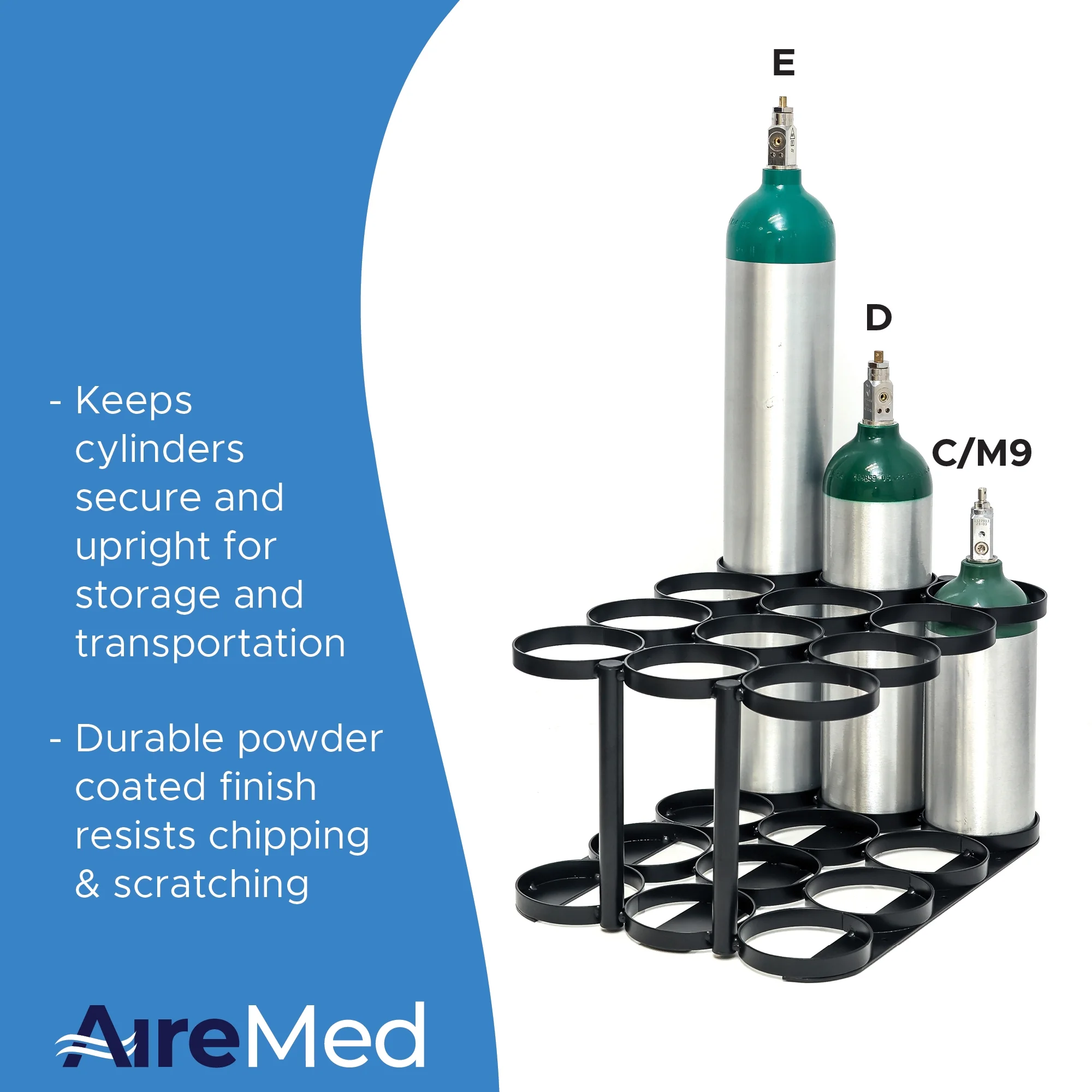 AireMed Oxygen Tank Holder – Holds (12) E, D or M9/C Size Tanks - Heavy-Duty Oxygen Cylinder Rack for Storage and Transportation – Floor Mountable Oxygen Rack