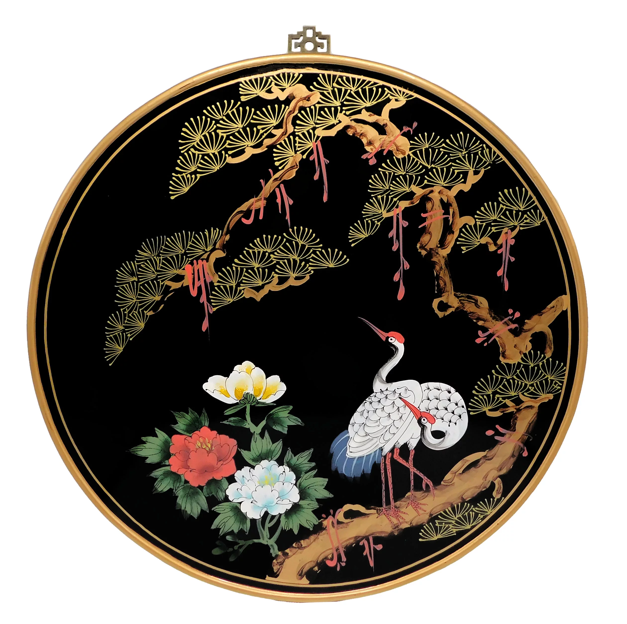 Round Oriental Wall Panel Hand Painted In Cranes Design (30