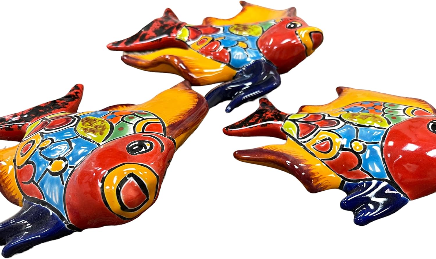 Talavera Fish Sculpture 3pc Animal Sculpture Mexican Pottery Folk Art Multicolor Hand Painted Home Decor Outdoor Indoor Handmade (Multi 9)