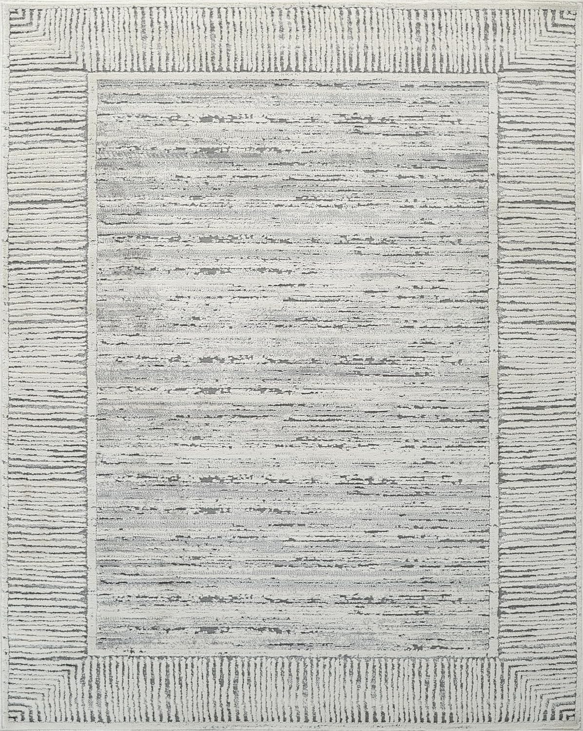 High-Low 8x10 Area Rug - Striped Design - Stain Resistant - Grey & Ivory - for Bedroom, Dining Room, Living Room