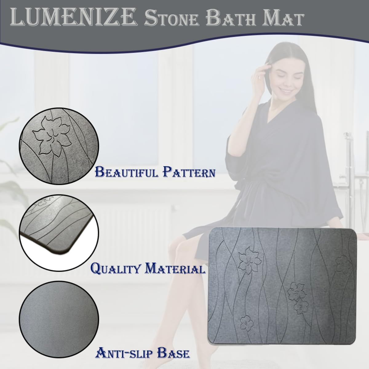 Diatomaceous Earth Stone Bath Mat Large – Non-Slip Bath Stone Mat for Shower Mat – Instantly Removes Water Drying Bath Mat Stone – Super Absorbent Bathroom Floor Mat