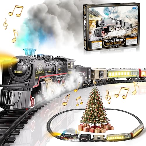 Funwee Train Set with Glowing Passenger Carriages for Under Christmas Tree,Electric Train Toy with Smoke,Light and Sound,Birthday Gifts Idea for 3 4 5 6 7+ Years Old Toddler Boys and Girls