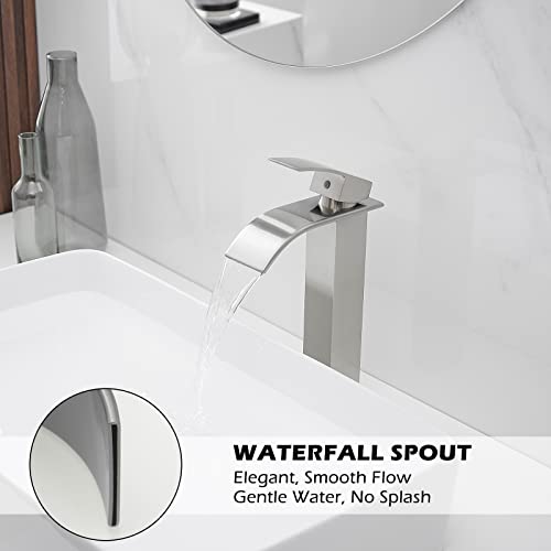 BWE Vessel Sink Faucet Modern Waterfall Chrome Single Hole Bathroom Faucet Single Handle with Pop up Drain Without Overflow Assembly Vanity Basin Bath Sink Faucets Mixer Tap