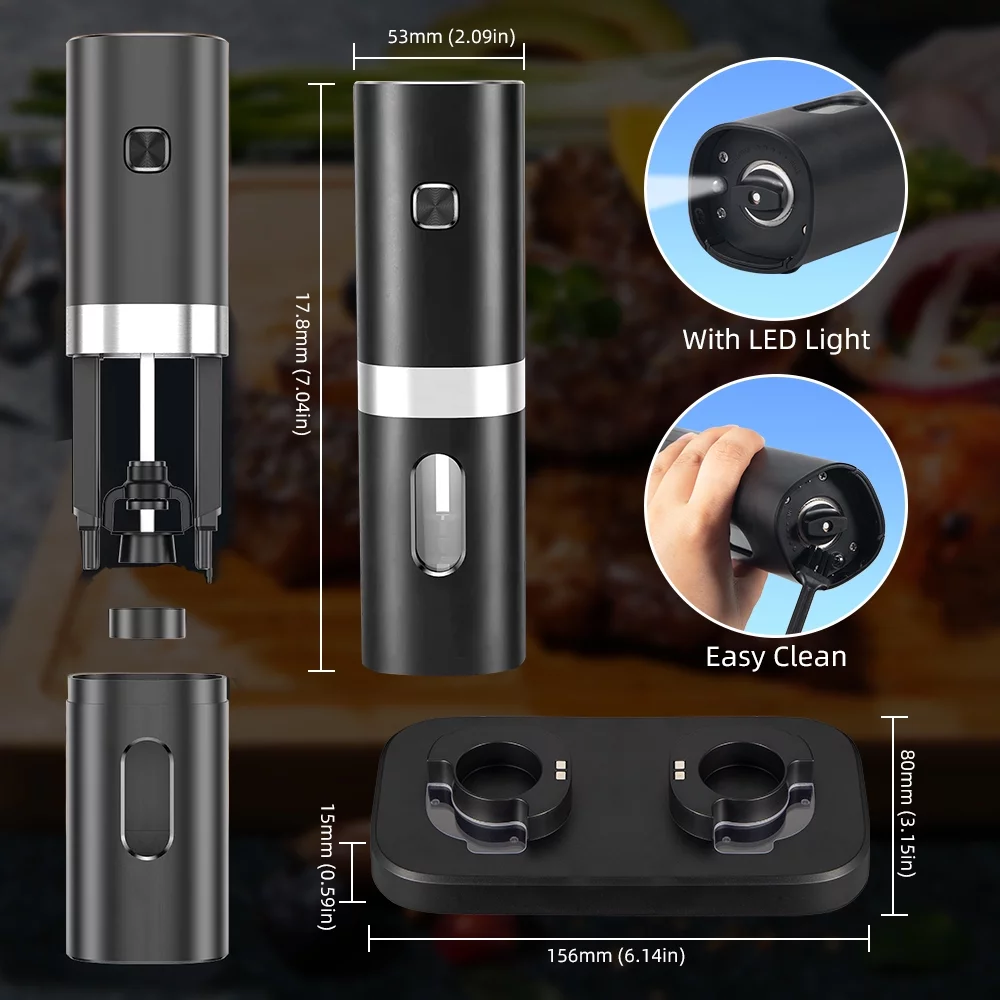 Rechargeable Electric Salt and Pepper Grinder Duo by JahyShow - Set of 2 with Adjustable Coarseness