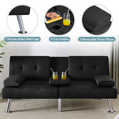 Yaheetech Convertible Sofa Bed Adjustable Fabric Couch Sleeper Modern Recliner Reversible Loveseat Folding Daybed Guest Bed, Removable Armrests, Cup Holders, 3 Angles, 772lb Capacity, Dark Gray